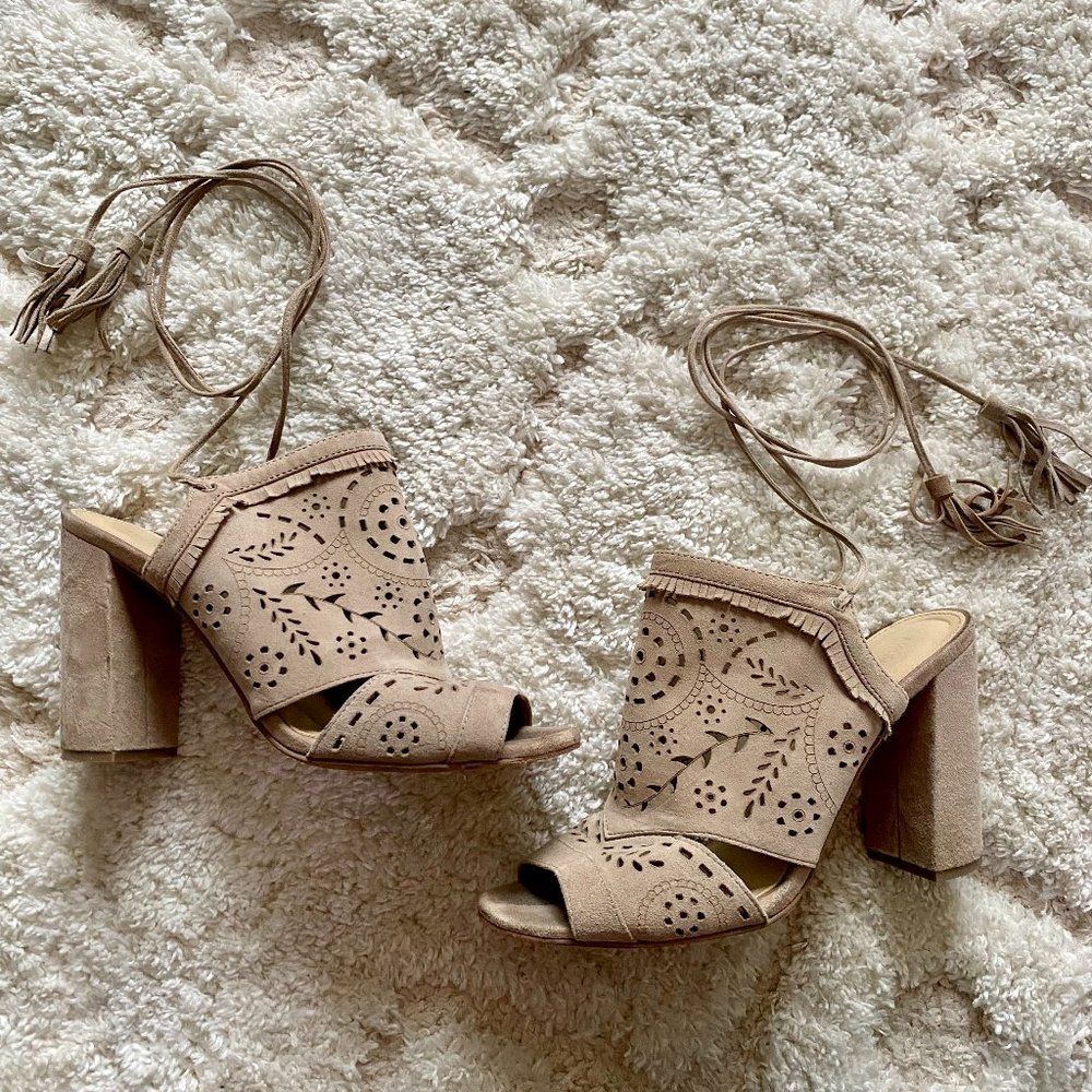 Lasercut Peeptoe Booties Tan Suede 9M